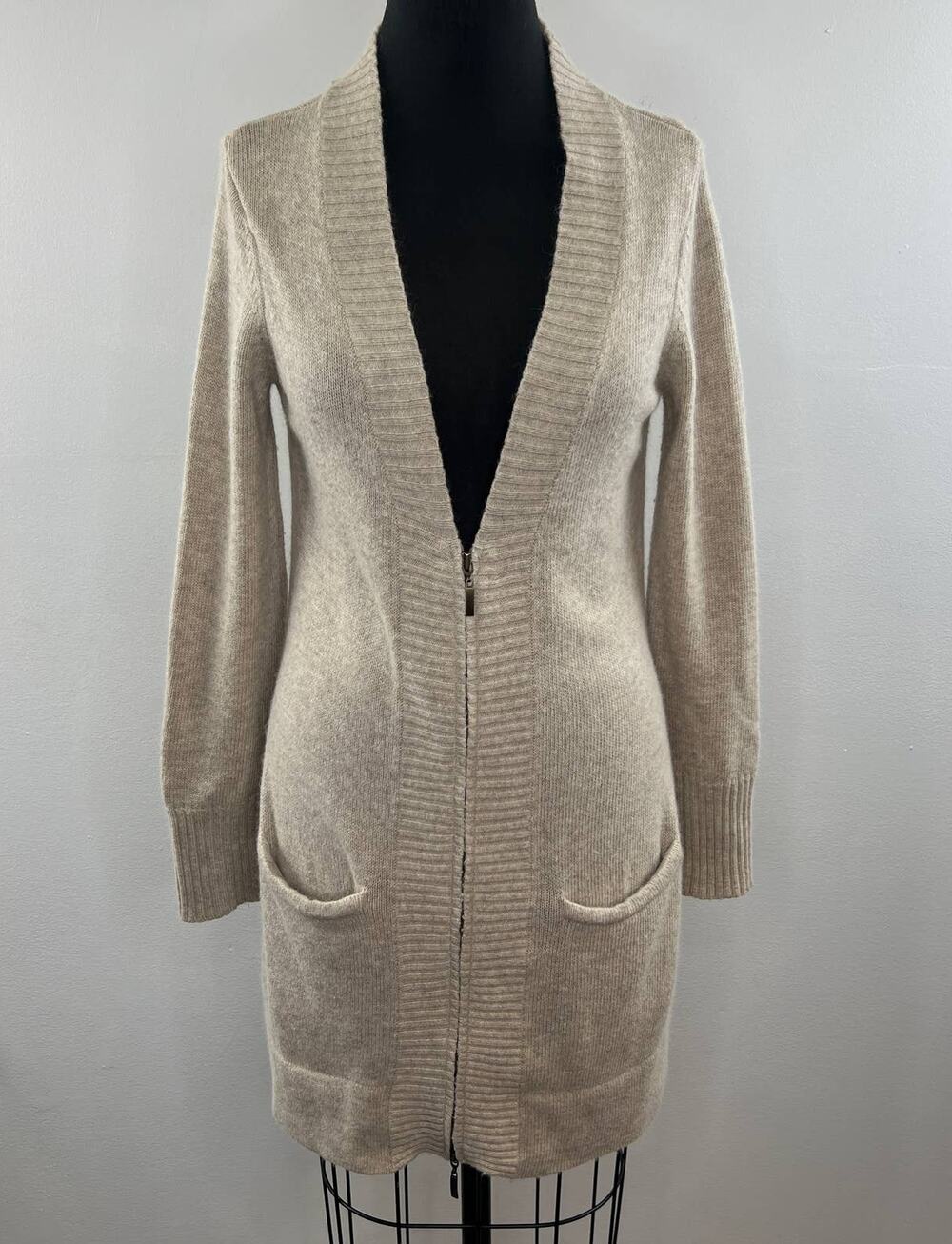 CYNTHIA ROWLEY Cream Beige Angora Wool Blend Full Zip Long Cardigan Sweater M